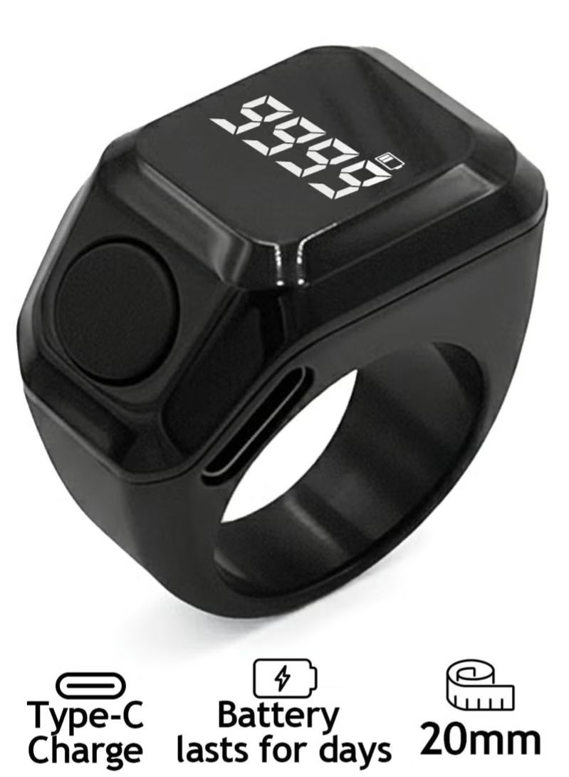 خاتم تابيش الذكي أسود 20 مم – عداد تسبيح إلكتروني مع تذكير أوقات الصلاة وشاشة OLED - Image 1