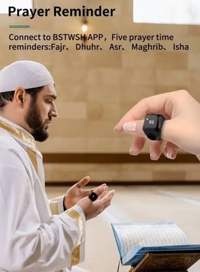 خاتم تابيش الذكي أسود 20 مم – عداد تسبيح إلكتروني مع تذكير أوقات الصلاة وشاشة OLED - Image 4