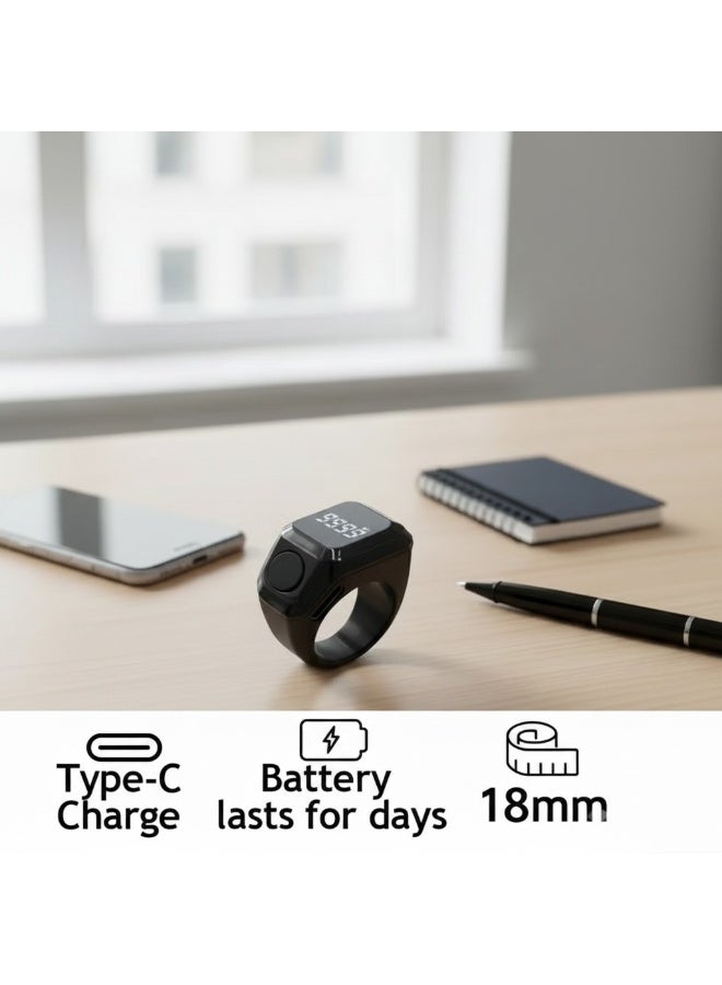 Smart Tasbeeh Ring Black 18 mm – Digital Counter with Prayer Reminder & OLED Display - Image 2