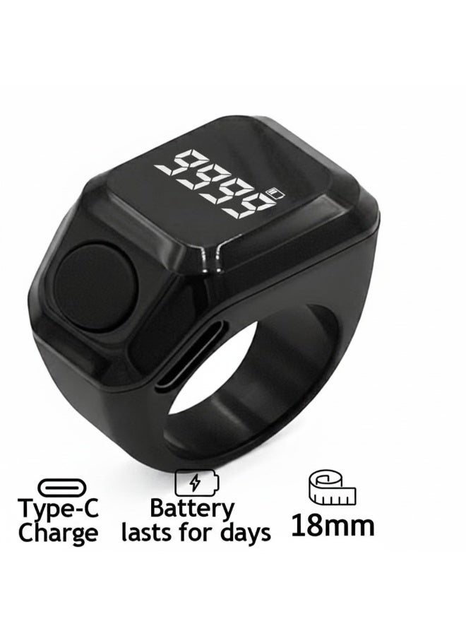 Smart Tasbeeh Ring Black 18 mm – Digital Counter with Prayer Reminder & OLED Display - Image 1