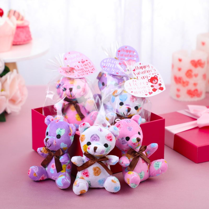 Poen 18 Pack Valentines Day Bears Bulk with Heart Cards Mini Valentine Stuffed Animal with Heart Love Pattern Bears Toys Keychains for Kids Boy Girl Classroom Exchange Gifts Prize - Image 3