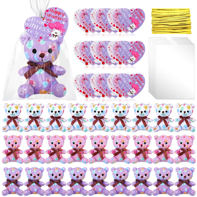 Poen 18 Pack Valentines Day Bears Bulk with Heart Cards Mini Valentine Stuffed Animal with Heart Love Pattern Bears Toys Keychains for Kids Boy Girl Classroom Exchange Gifts Prize - Image 1