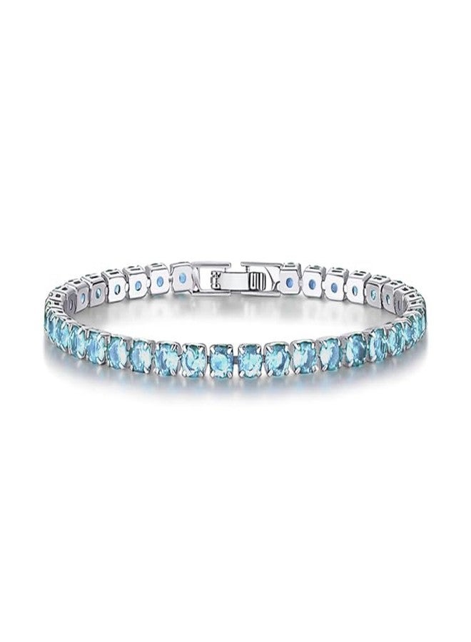 Belacqua March Aquamarine Light Blue Sapphire Birthstone Tennis Bracelet in Sterling Silver Plated Brass, Round 4mm, 7'' Length, Fold over Clasp, Hypoallergenic Fashion Jewelry for Women, Gift Box Included - Image 1