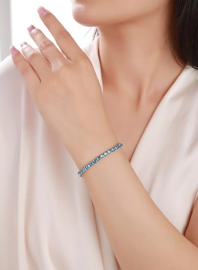 Belacqua March Aquamarine Light Blue Sapphire Birthstone Tennis Bracelet in Sterling Silver Plated Brass, Round 4mm, 7'' Length, Fold over Clasp, Hypoallergenic Fashion Jewelry for Women, Gift Box Included - Image 4