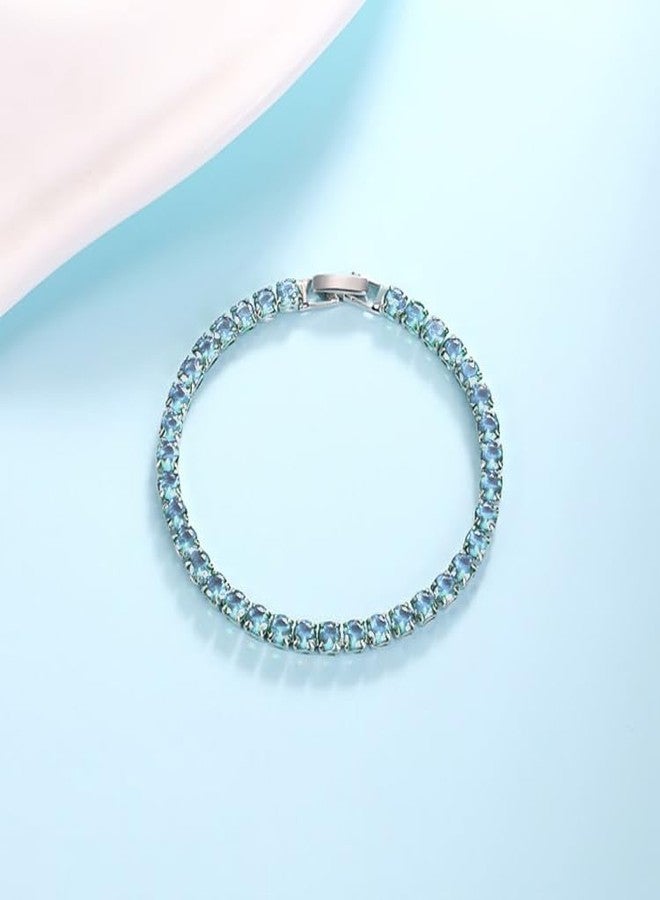 Belacqua March Aquamarine Light Blue Sapphire Birthstone Tennis Bracelet in Sterling Silver Plated Brass, Round 4mm, 7'' Length, Fold over Clasp, Hypoallergenic Fashion Jewelry for Women, Gift Box Included - Image 3