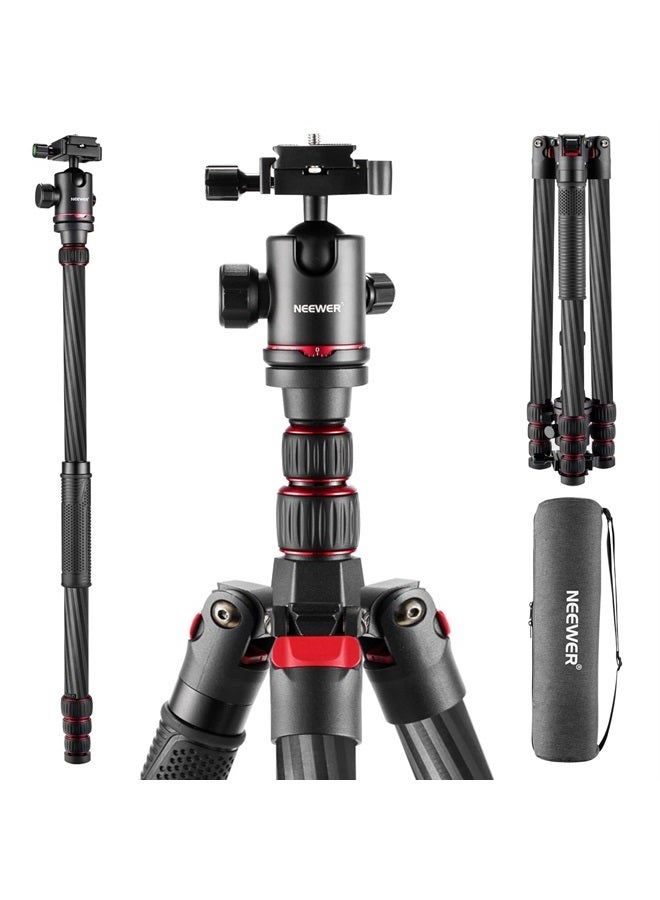 NEEWER Upgraded 80.7" Carbon Fiber Camera Tripod Monopod with Telescopic 2 Section Center Axes, 360° Panorama Ballhead, Arca Type QR Plate, Compact Lightweight Travel Tripod Max Load 26.5lb, N55CR - Image 1