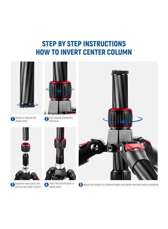 NEEWER Upgraded 80.7" Carbon Fiber Camera Tripod Monopod with Telescopic 2 Section Center Axes, 360° Panorama Ballhead, Arca Type QR Plate, Compact Lightweight Travel Tripod Max Load 26.5lb, N55CR - Image 4