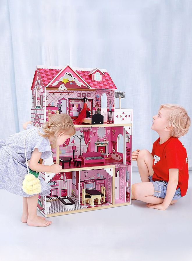 JSAITOYS Kids Pretend Play Wooden Dollhouse Furniture Toy House For Girls - Image 1
