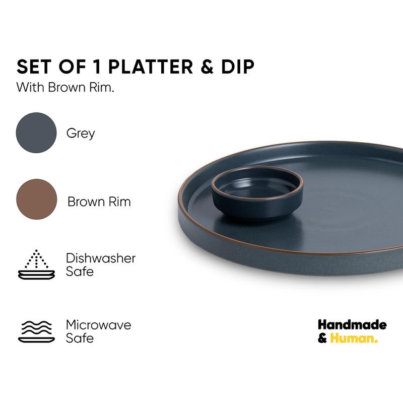 Shay Large Round Ceramic Serving Platter, Grey- 1 Platter, 1 Dip Modern Series | Big Serving Plate Set | Matte Finish | Platters Serving Set | Ceramic Platter (Japandi Platter - Grey) - Image 2