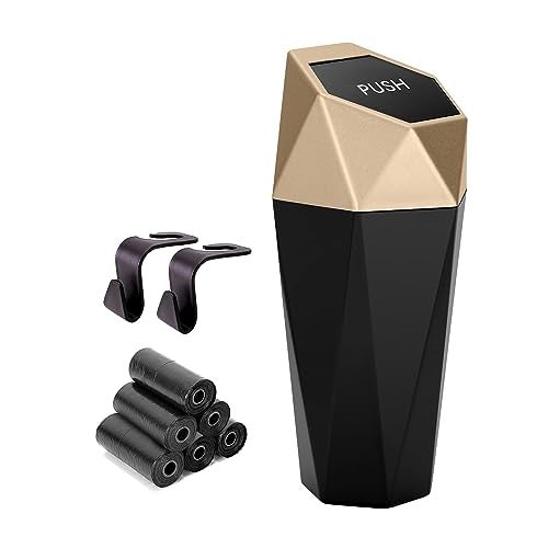 Ginsco Car Trash Can Cup Holder, 2 Pack Mini Car Trash Can with Lid, Car Accessories for Interior, Leakproof Small Trash Cup for Car, Home with Additional 2 ABS Hooks and 90pcs Trash Bags Golden - Image 2
