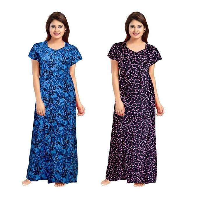Vlazom Women’s Cotton Printed Maxi Nighty – Ankle Length Night Dress Gown, Pack of 2, Free Size – Soft & Breathable Sleepwear (Blue&RaniBlue, Free Size) - Image 5