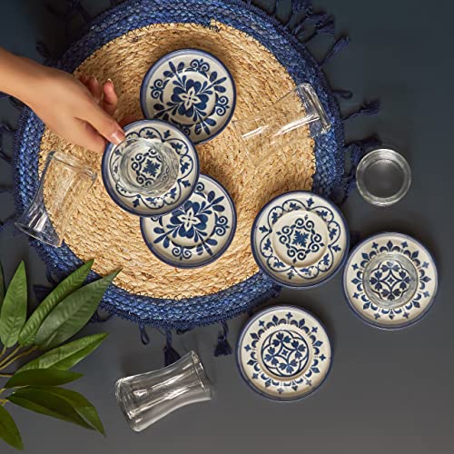 Karaca Zeher Blue Tea Service Set for 6 Person, Tea Glasses Set, 12 Pieces, Turkish Tea, Tea Glasses with Stoneware Saucers - Image 2