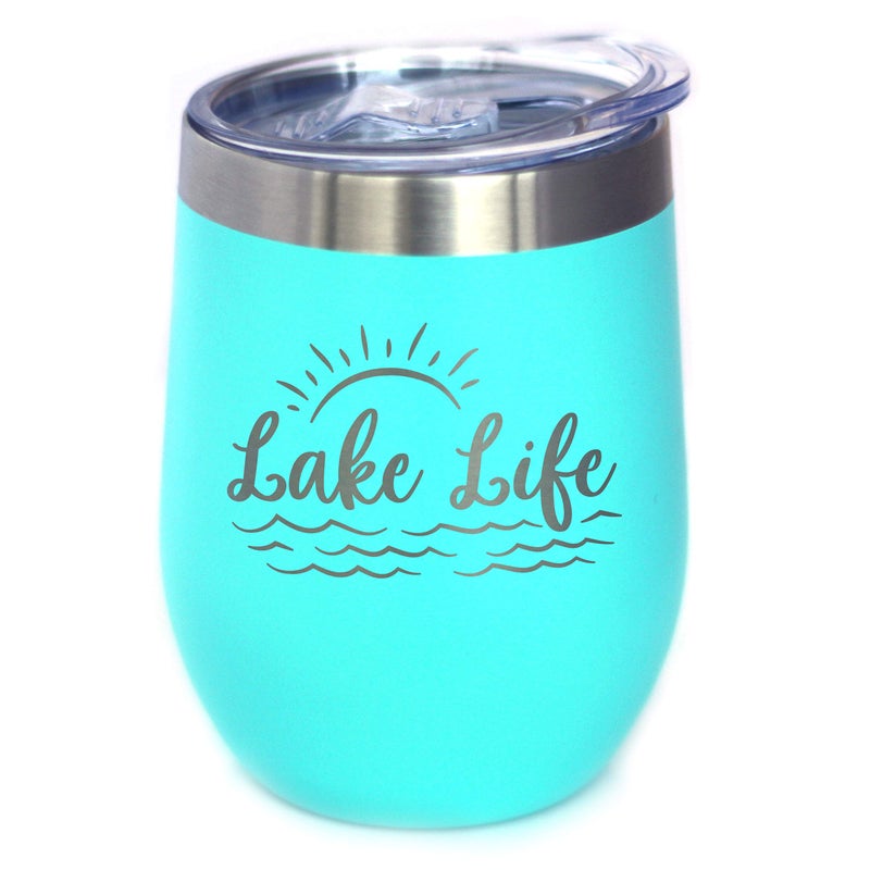 Bevvee Lake Life  Wine Tumbler with Sliding Lid  Stemless Stainless Steel Insulated Cup  Cute Outdoor Camping Mug  Teal 