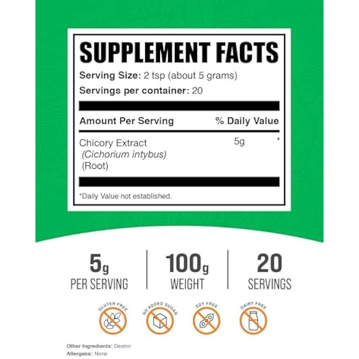 BulkSupplements.com Chicory Root Extract Powder - Chicory Root Powder, Fiber Supplement - Vegan & Gluten Free, 5g per Serving, 100g (3.5 oz) (Pack of 1) - Image 2