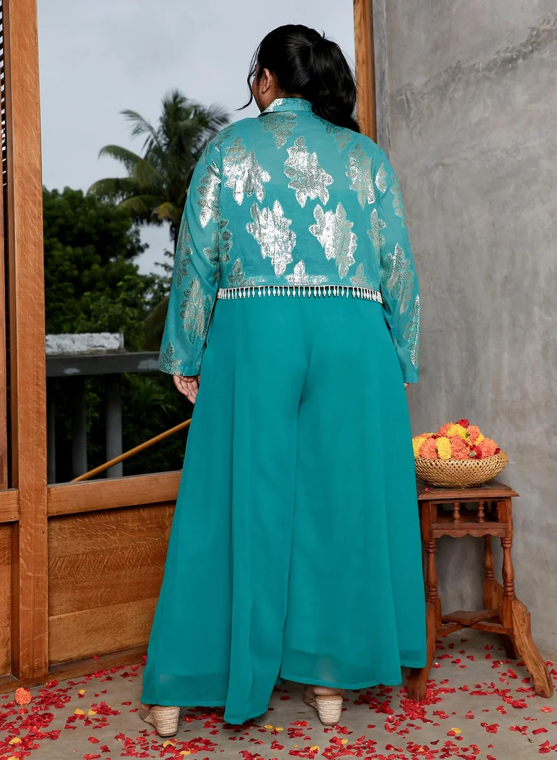 Instafab Plus  Instafab Plus Women's Teal Green Plume Threads Co-Ord Set For Ethnic Wear | Sweetheart Neck, Long Regular Sleeves | Floral Jacquard Fabric | 3 Piece Co-Ords For Evening & Party Wear for Women | Best Price UAE