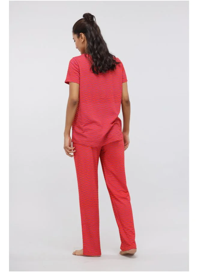 نسيسير Orange Wavy Modal Printed Pajama Set