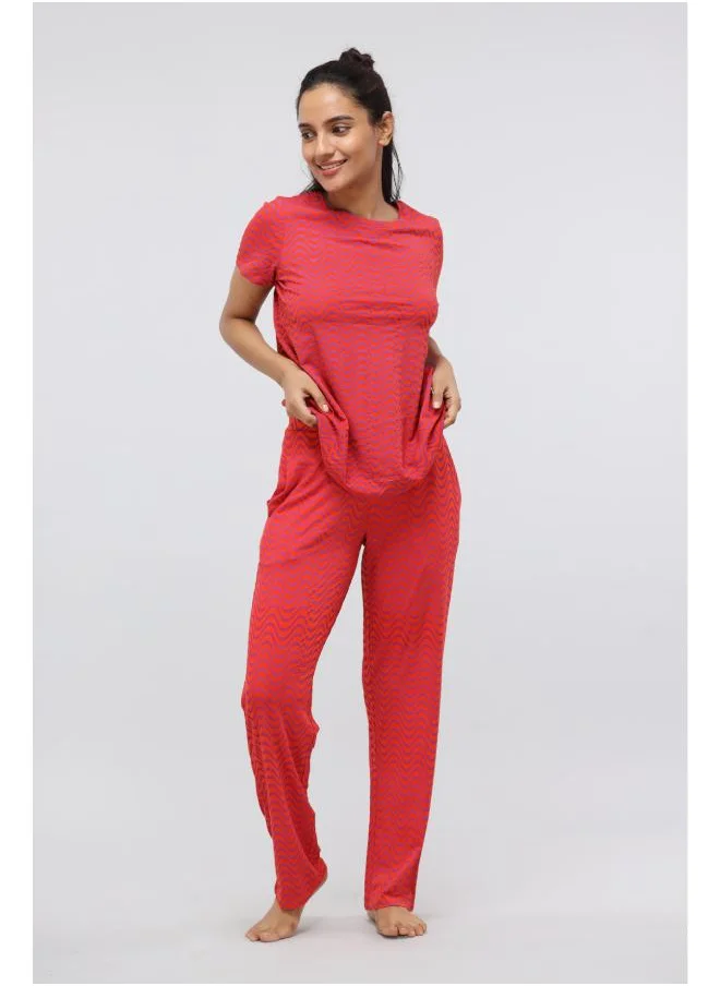نسيسير Orange Wavy Modal Printed Pajama Set