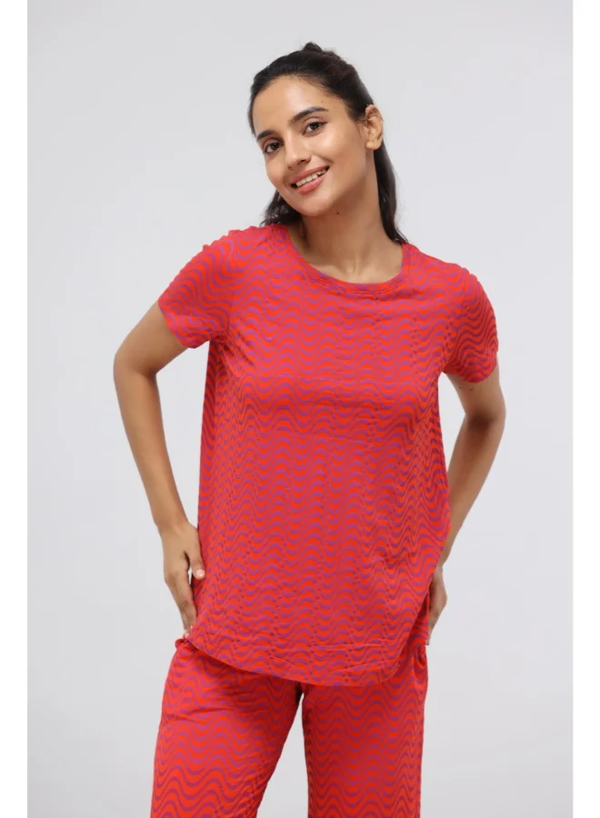 NeceSera Orange Wavy Modal Printed Pajama Set