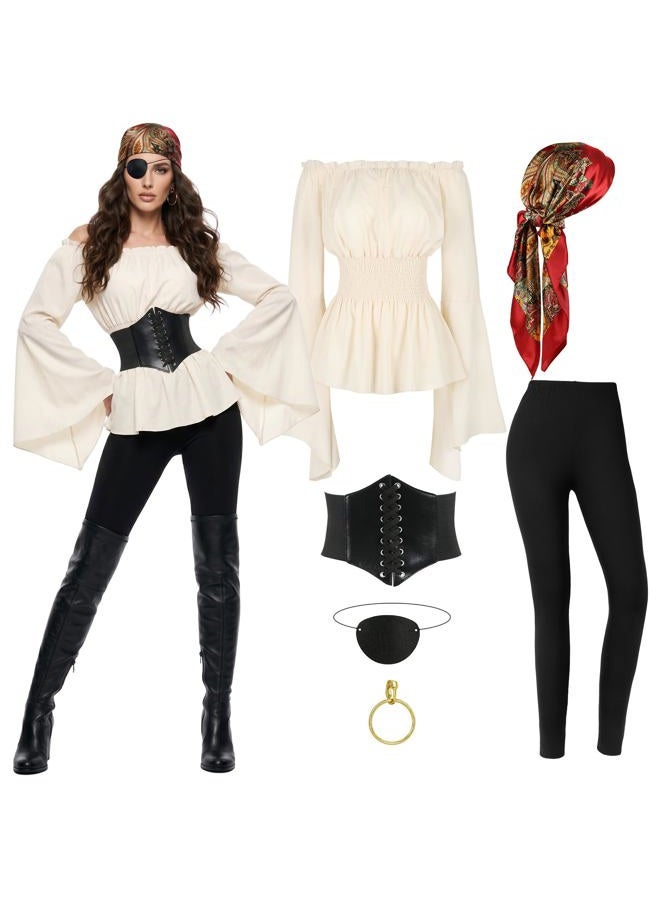 CICOCI Pirate Costume For Women With Accessories Renaissance Blouse Top Belt Headscarf Full Outfits - Image 1