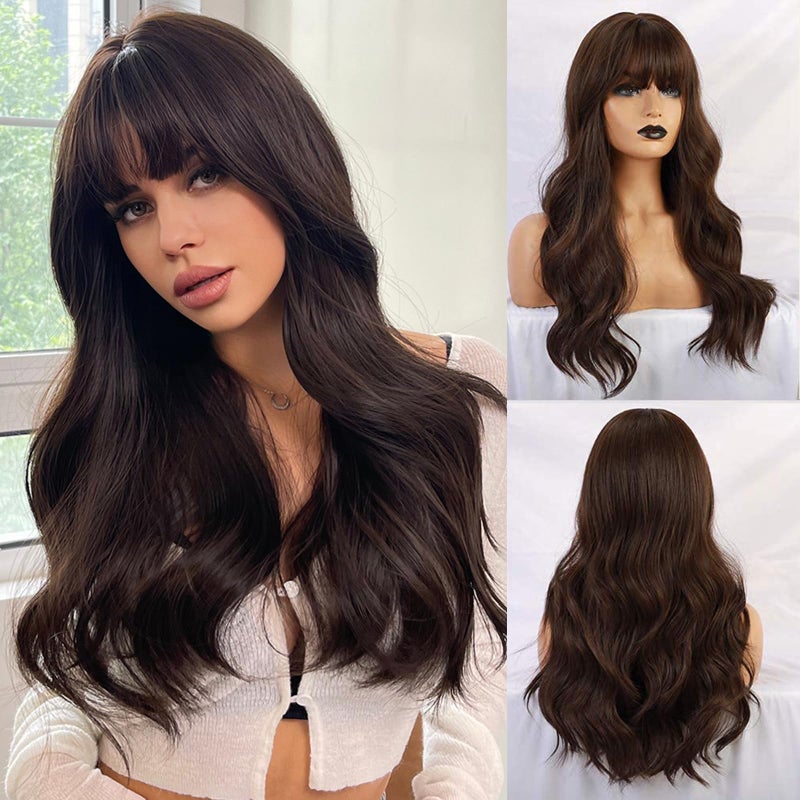 Esmee 24" Long Brown Color Synthetic Natural Wave Wigs with Neat Bangs for White/Black Women Party Wear. - Image 1