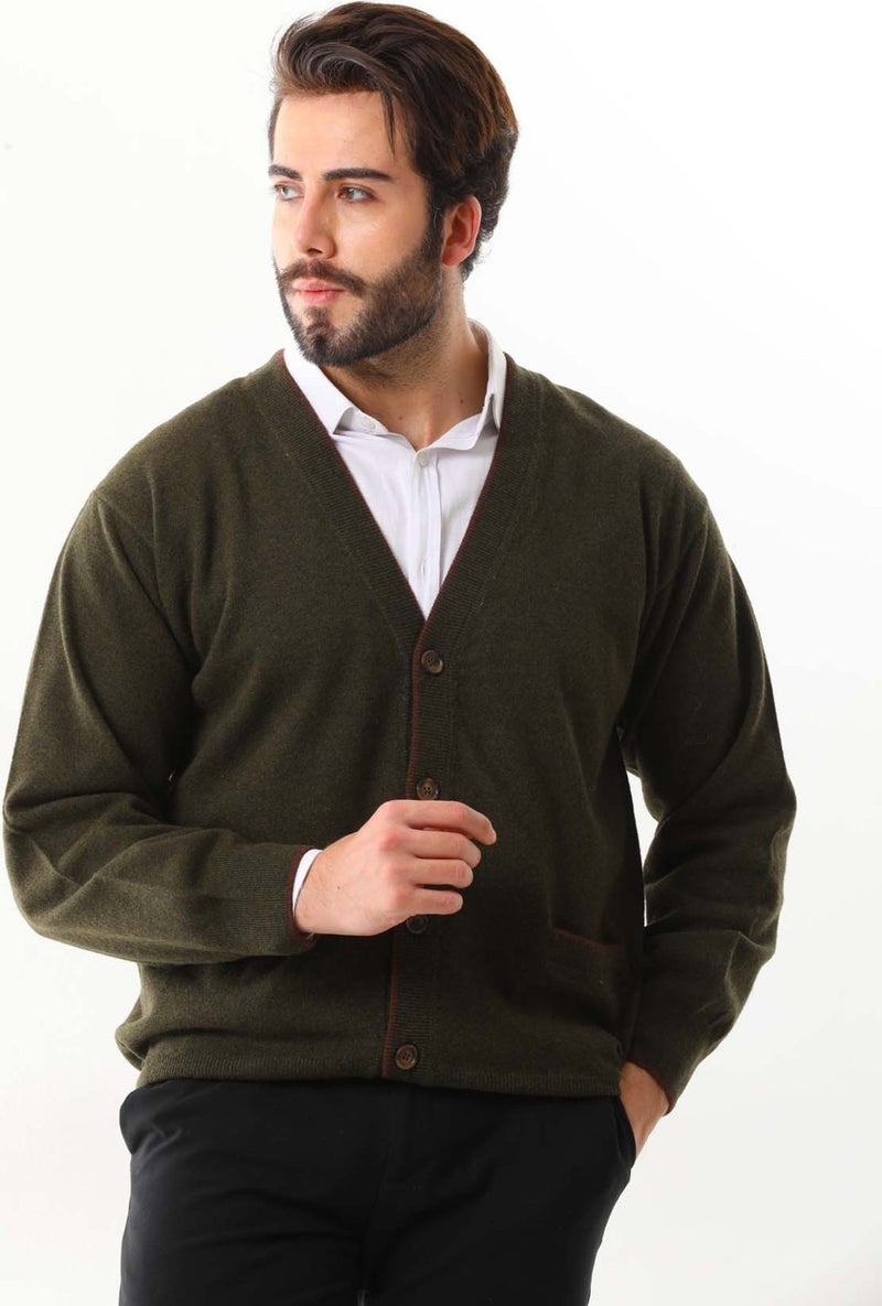 Sanfa Men's V Neck Pure Wool Cardigan 2634 Green  - Image 3