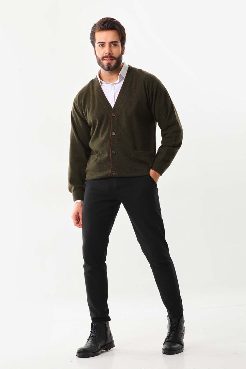 Sanfa Men's V Neck Pure Wool Cardigan 2634 Green  - Image 2