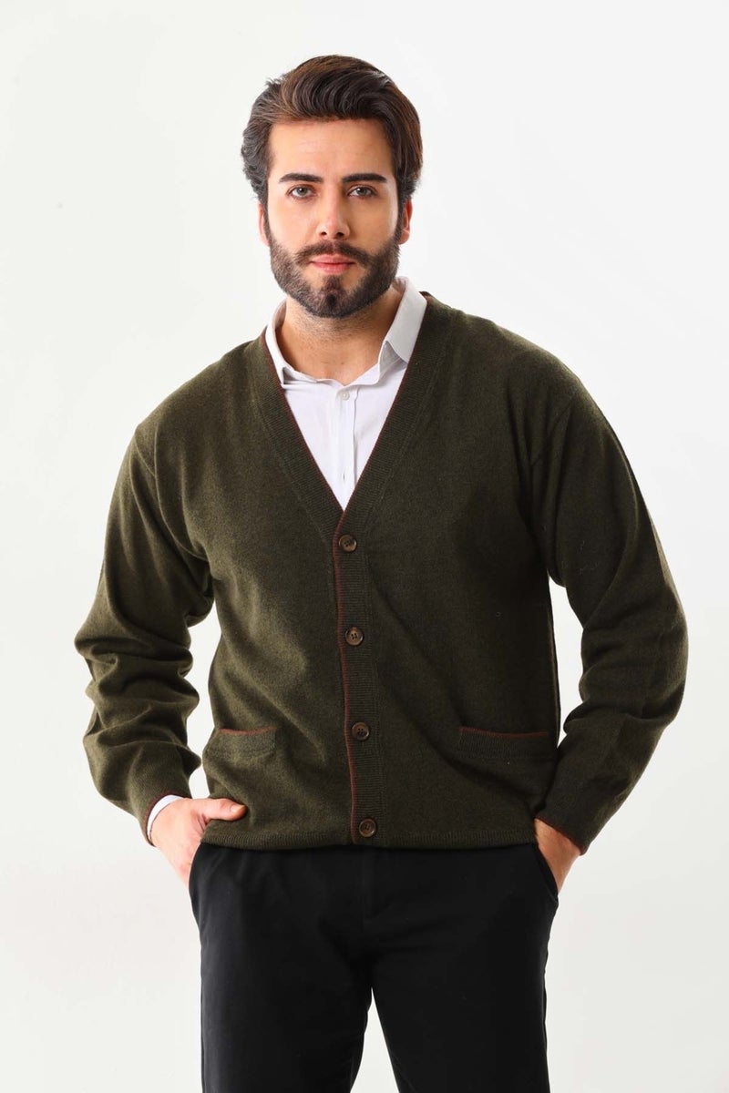 Sanfa Men's V Neck Pure Wool Cardigan 2634 Green  - Image 1