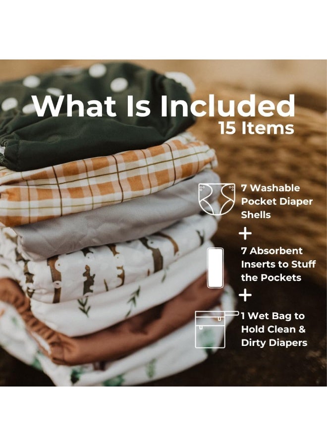 Nora's Nursery Woodlands Baby Cloth Pocket Diapers 7 Pack, 7 Bamboo Inserts, 1 Wet Bag - Image 2