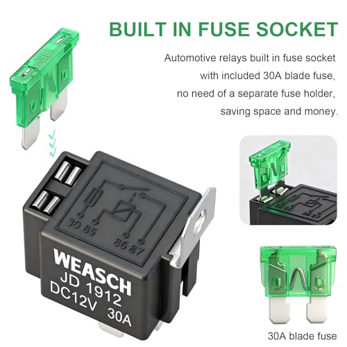 Weasch 2 Pack Fuse Relay Switch Kit, 12V 30A, 4 Pin SPST, 30A Switch Harness Set, Automotive Electrical Relays with 14 AWG Hot Wires - Image 3