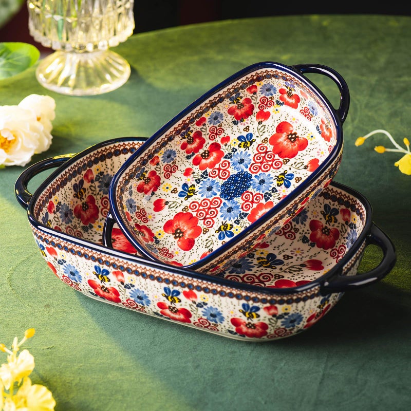 ONECCI Baking Dish Ceramic Baking Pan Blue Casserole Dish Porcelain rectangular Baking Set 2pcs Bakeware Sets Single Serving Size Lasagna Pan Baking Dishes for oven(Honey Flower) - Image 3