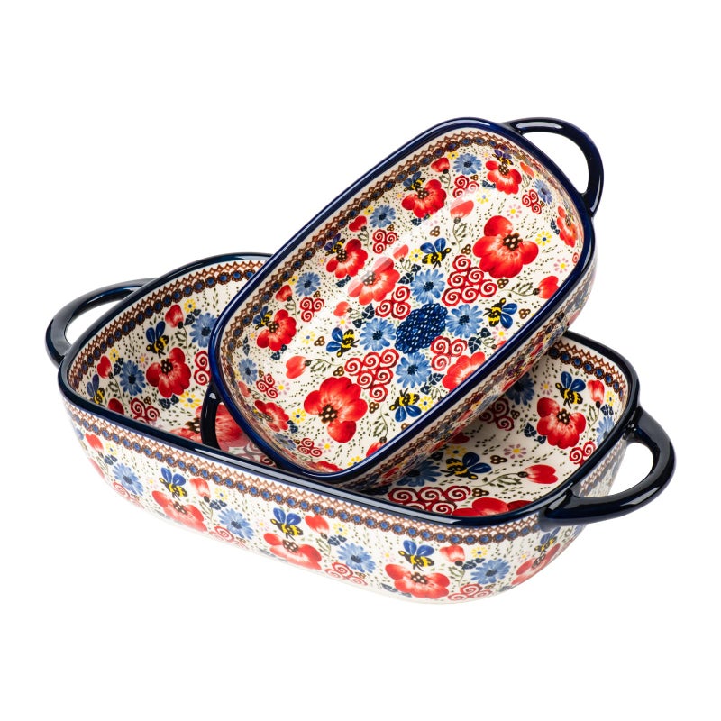 ONECCI Baking Dish Ceramic Baking Pan Blue Casserole Dish Porcelain rectangular Baking Set 2pcs Bakeware Sets Single Serving Size Lasagna Pan Baking Dishes for oven(Honey Flower) - Image 1