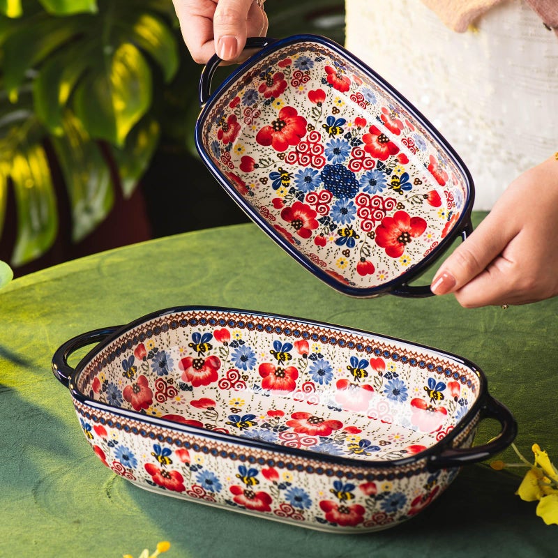 ONECCI Baking Dish Ceramic Baking Pan Blue Casserole Dish Porcelain rectangular Baking Set 2pcs Bakeware Sets Single Serving Size Lasagna Pan Baking Dishes for oven(Honey Flower) - Image 4