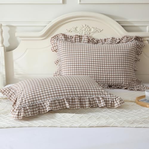 Mywinlle TaupeWhite Plaid Ruffle Pillow Shams King Size Set of 2Shabby Checkered Washed Cotton Farmhouse Pillow Covers 20x36 - Image 1