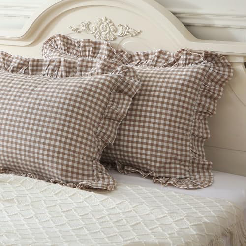 Mywinlle TaupeWhite Plaid Ruffle Pillow Shams King Size Set of 2Shabby Checkered Washed Cotton Farmhouse Pillow Covers 20x36 - Image 3