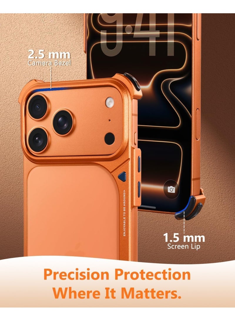 OATSBASF Frameless Orange Case for iPhone 17 Pro Max, Aerospace Grade Aluminum Bumper with 360° Rotating Magnetic Kickstand - Image 3