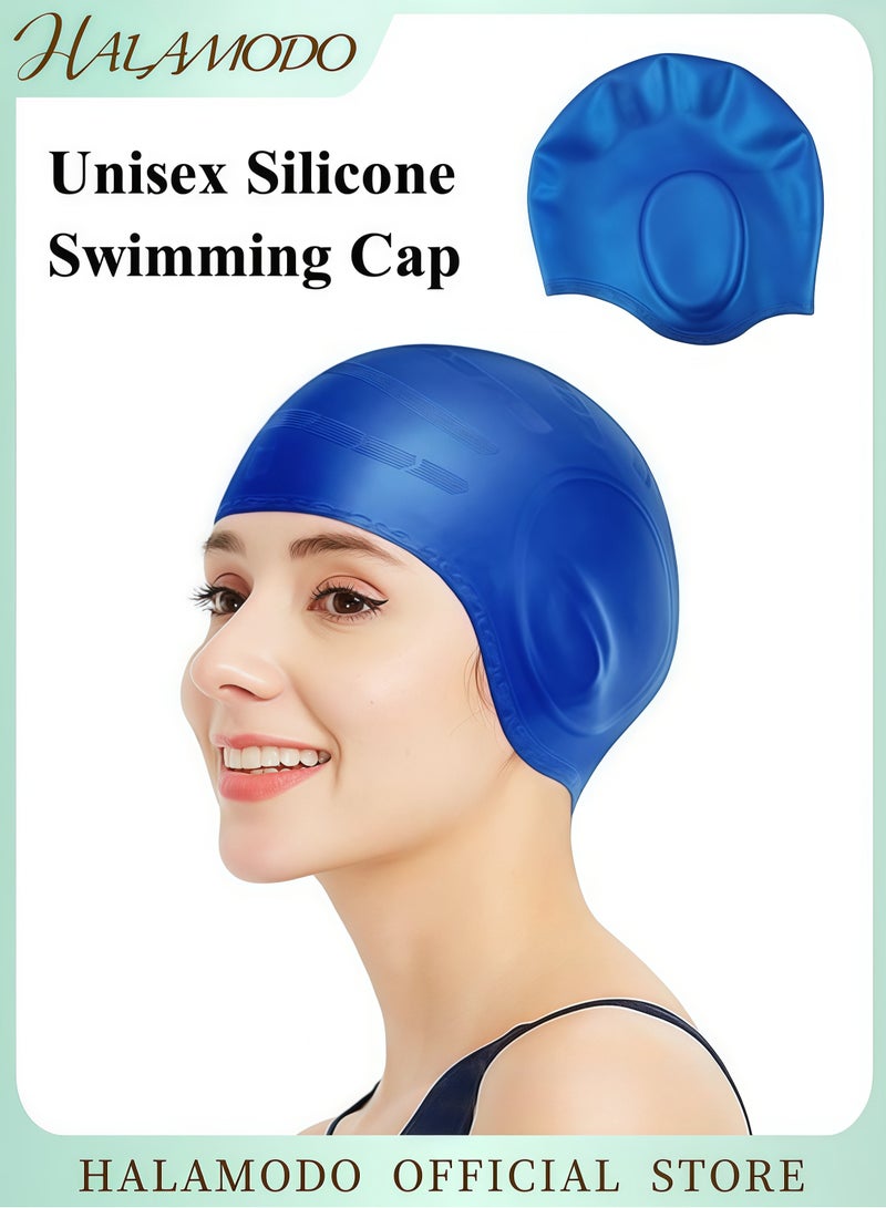 HALAMODO Unisex Silicone Swim Cap with 3D Ear Protection Waterproof Bathing Solid Swimming Cap Non-Slip Swim Hats Ergonomic Design Protection Cap for Adult Men and Women Long or Short Hair - Image 1