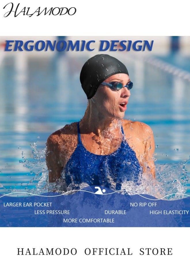 HALAMODO Unisex Silicone Swim Cap with 3D Ear Protection Waterproof Bathing Solid Swimming Cap Non-Slip Swim Hats Ergonomic Design Protection Cap for Adult Men and Women Long or Short Hair - Image 2