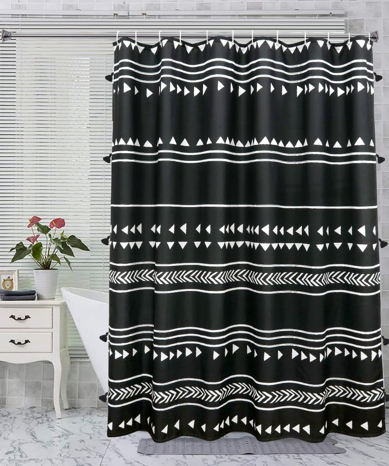 Uphome UPHOME Boho Black and White Fabric Tassel Triangle Stripes Geometric Shower Curtain Set with Hooks Chic Tribal Bathroom Decor Accessories 72X72 inch Black 