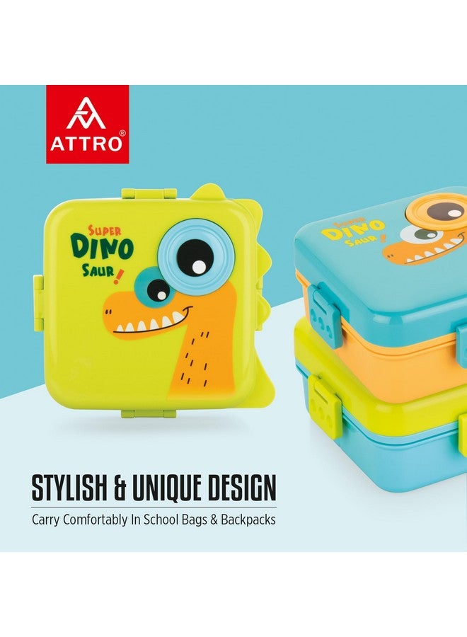 ATTRO Festive Super Dino Lunch Box 2 Layer Plastic Lunch Box Comes with 1 Detachable Tray, 1 Small Container & 1 Spoon Ideal for Kids BPA Free 1590ml+70ml- Green Blue - Image 3