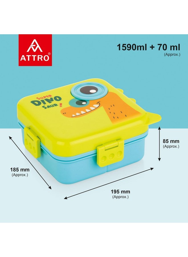 ATTRO Festive Super Dino Lunch Box 2 Layer Plastic Lunch Box Comes with 1 Detachable Tray, 1 Small Container & 1 Spoon Ideal for Kids BPA Free 1590ml+70ml- Green Blue - Image 2