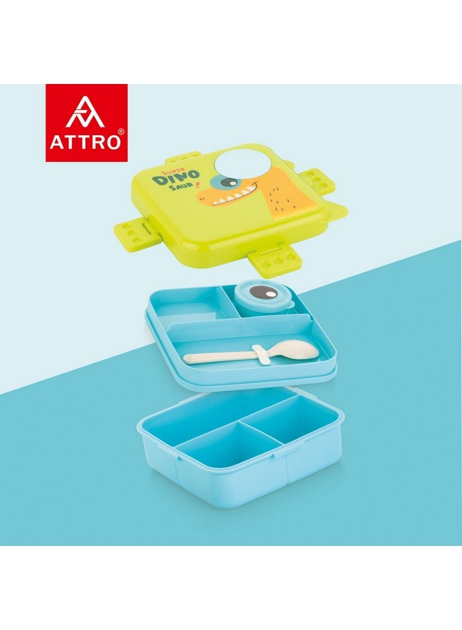ATTRO Festive Super Dino Lunch Box 2 Layer Plastic Lunch Box Comes with 1 Detachable Tray, 1 Small Container & 1 Spoon Ideal for Kids BPA Free 1590ml+70ml- Green Blue - Image 5