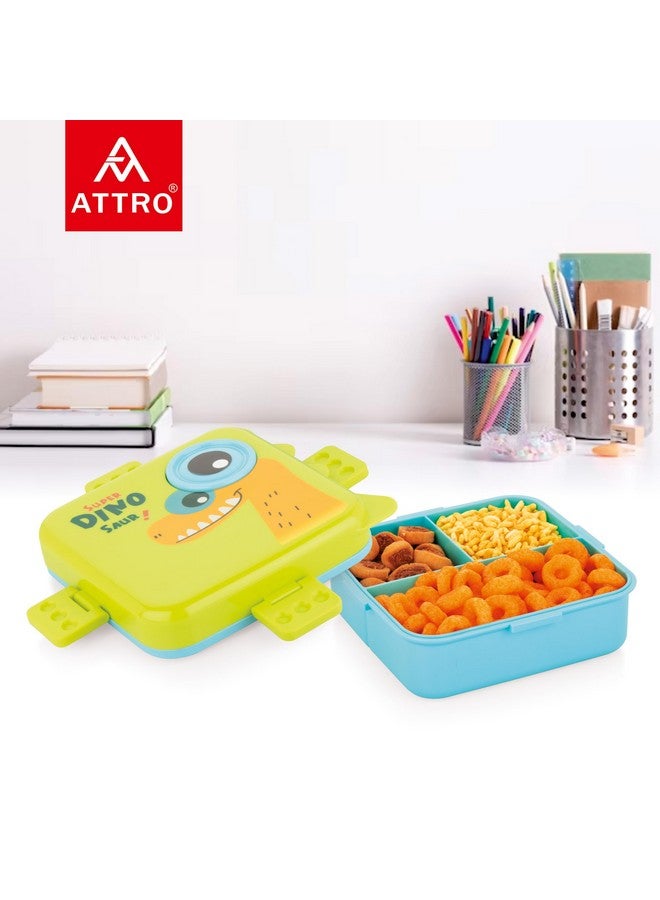 ATTRO Festive Super Dino Lunch Box 2 Layer Plastic Lunch Box Comes with 1 Detachable Tray, 1 Small Container & 1 Spoon Ideal for Kids BPA Free 1590ml+70ml- Green Blue - Image 4
