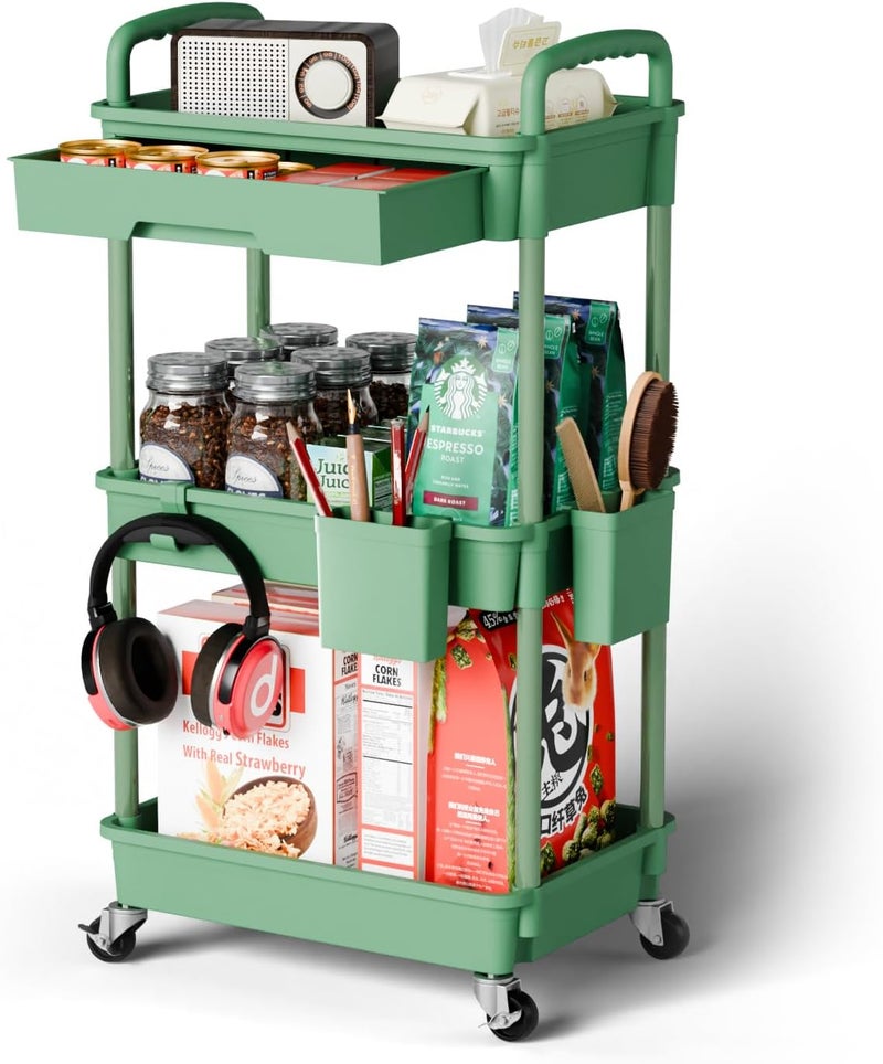 Sorgion 3 Tier Rolling Cart Organizer,Laundry Room Bathroom Organizers and Storage Office Shelves Mobile Shelving Unit Kitchen Trolley Cart with Wheels for Art,Craft,Diaper,Bedside,Snack(Green) - Image 1