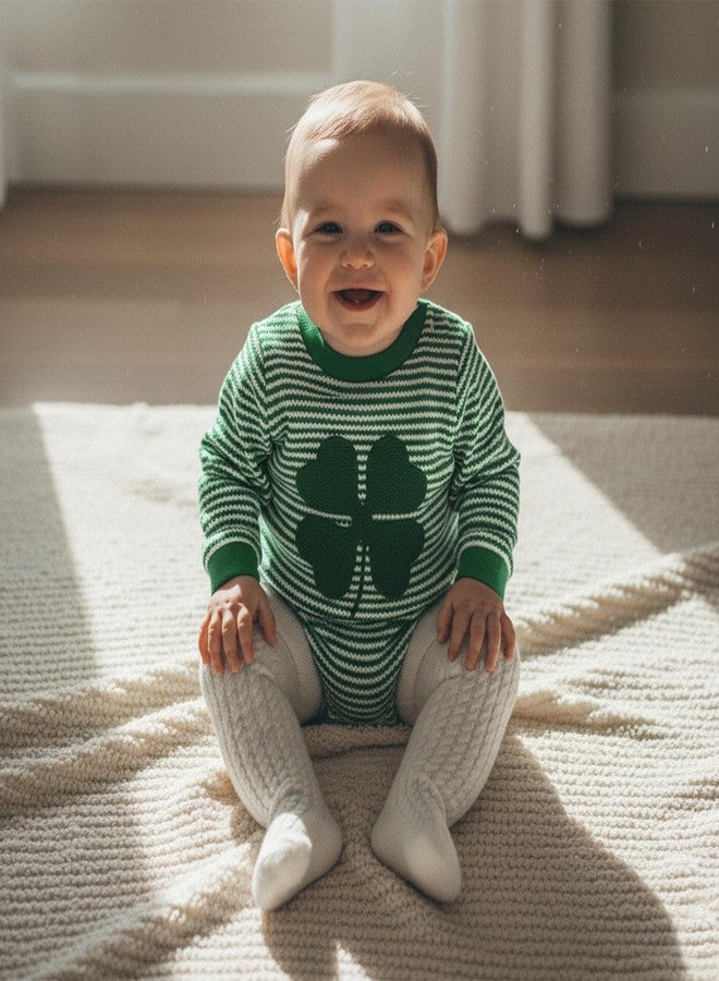 Karuedoo Newborn Baby Boy Girl St Patricks Day Outfit Clover Embroidery Striped Long Sleeve Bubble Romper Waffle Bodysuit (A-Green, 0-3 Months) - Image 3