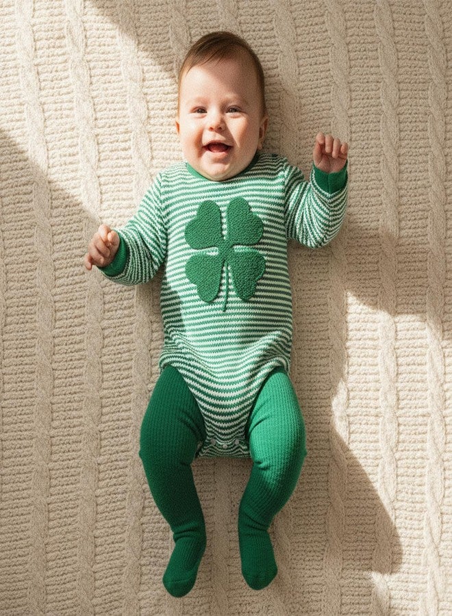 Karuedoo Newborn Baby Boy Girl St Patricks Day Outfit Clover Embroidery Striped Long Sleeve Bubble Romper Waffle Bodysuit (A-Green, 0-3 Months) - Image 2