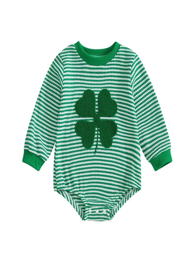 Karuedoo Newborn Baby Boy Girl St Patricks Day Outfit Clover Embroidery Striped Long Sleeve Bubble Romper Waffle Bodysuit (A-Green, 0-3 Months) - Image 1