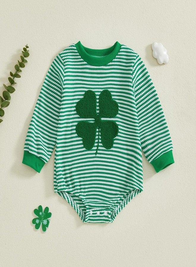 Karuedoo Newborn Baby Boy Girl St Patricks Day Outfit Clover Embroidery Striped Long Sleeve Bubble Romper Waffle Bodysuit (A-Green, 0-3 Months) - Image 5