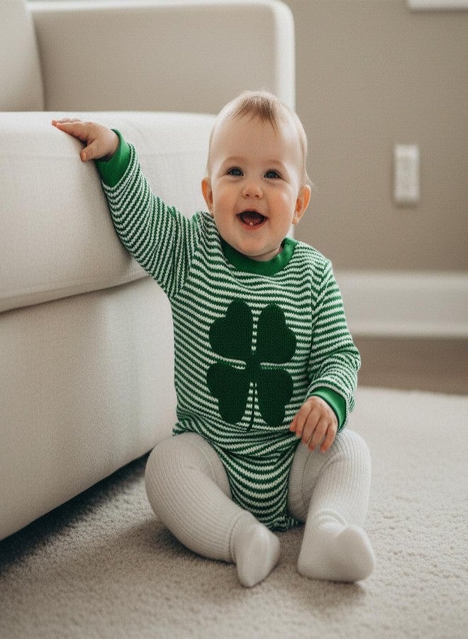 Karuedoo Newborn Baby Boy Girl St Patricks Day Outfit Clover Embroidery Striped Long Sleeve Bubble Romper Waffle Bodysuit (A-Green, 0-3 Months) - Image 4
