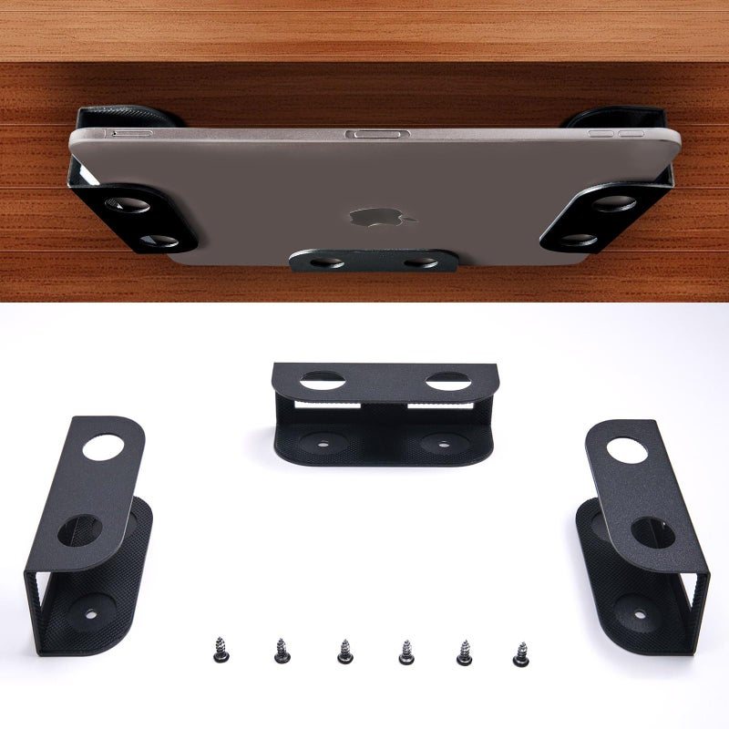 BYMECOST Under Desk Laptop Storage Mount, Metal Under Desk Device Holder, for Devices Up to 1.37" Thick, MacBook, Mini, Keyboard, Router, with Anti-Scratch Silicone (Black) - Image 1