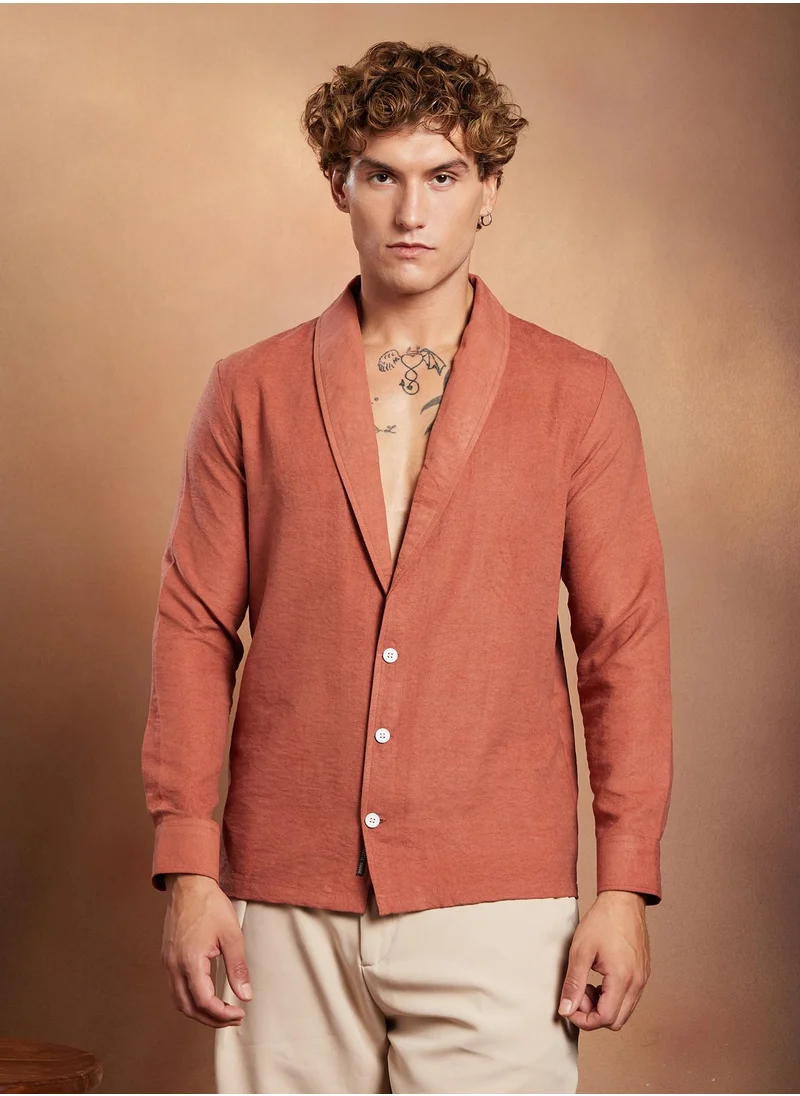كامبوس سوترا Campus Sutra Men's Brick Brown Solid Shawl Collar Oversized Shirt For Casual Wear | Shawl Collar | Long Cuffed Sleeves | Button Closure | Oversized Shirt Crafted With Comfort Fit For Everyday Wear